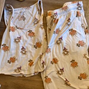 American Eagle Outfitters Cream Pajama Set with Teddy Bear Print